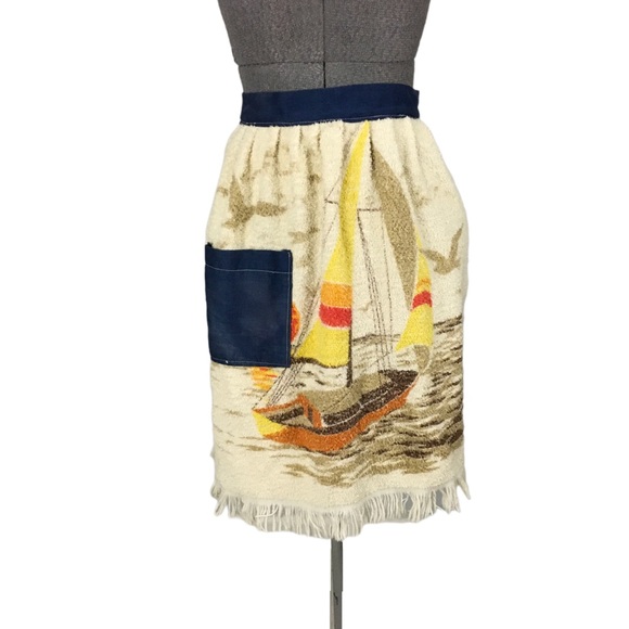 Vintage Accessories - Vintage 70’s Sailboat Half Apron Orange Yellow Tan Seagulls Pocket Tie Back